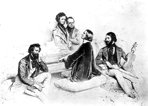 Franz Lizst at Piano with Friends (composer Hector Berlioz and Liszt’s teacher Carl Czerny (standing), Liszt at the piano and the violinist Heinrich Wilhelm Ernst at his right, the artist Joseph Kreihuber at his left). Lithograph, 1846. Artist: Joseph Kreihuber